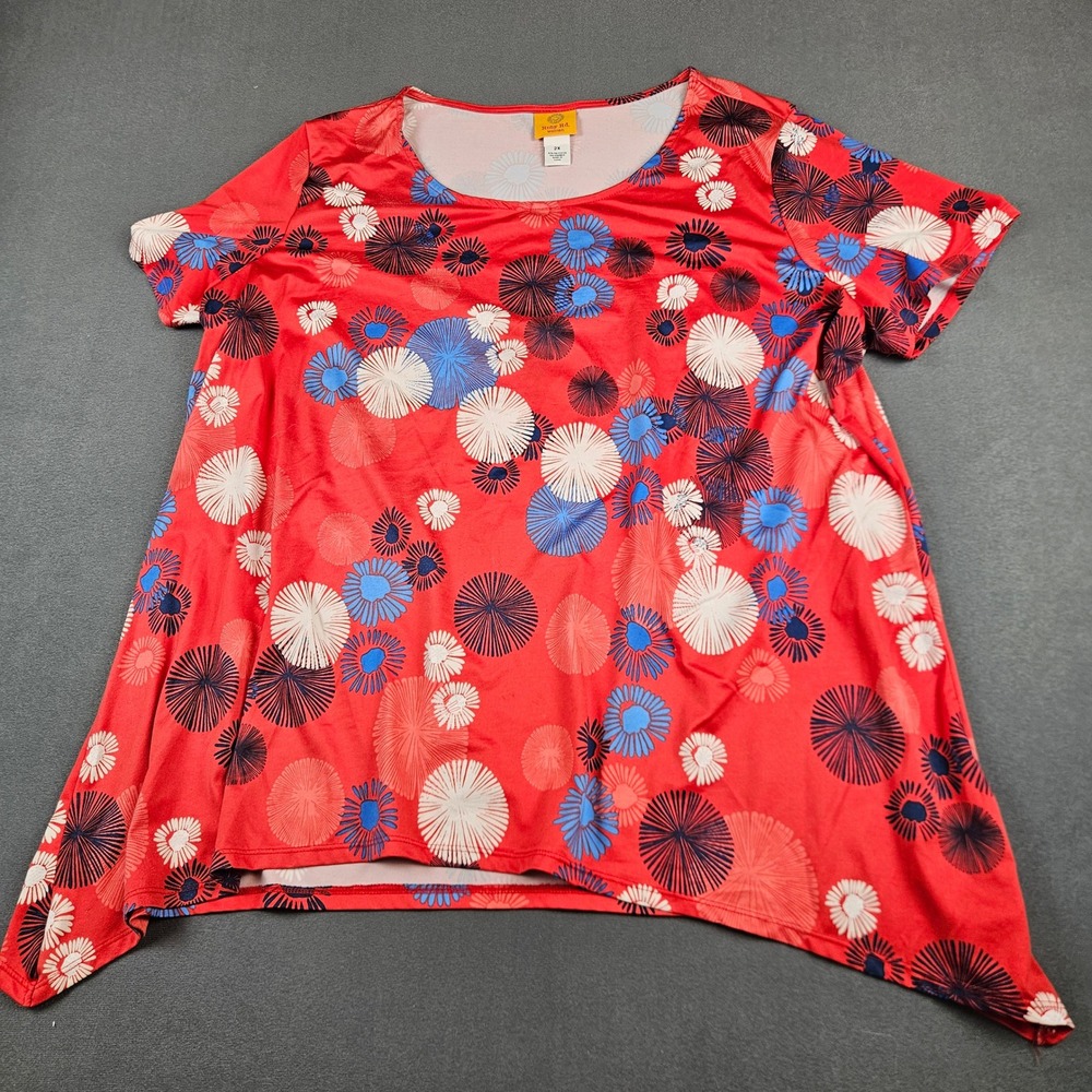 Ruby Rd Woman Red Floral Sharkbite Hem Short Sleeve Top 2X